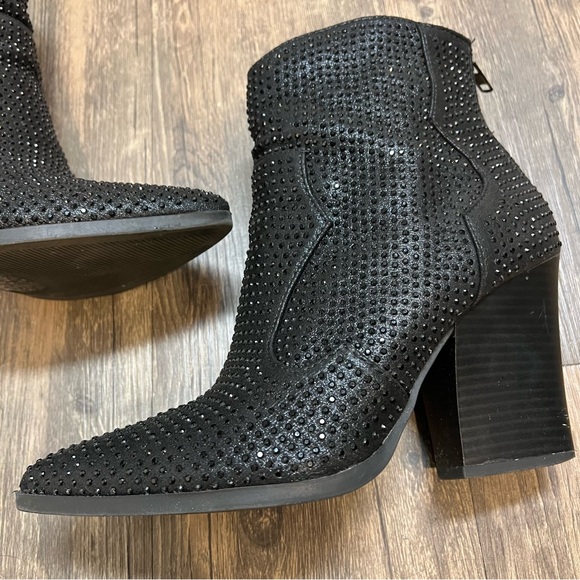 Soda Black Ankle Boots Rhinestone Studs Cowboy Booties Zipper Winter Party Eve 8 - Picture 8 of 13